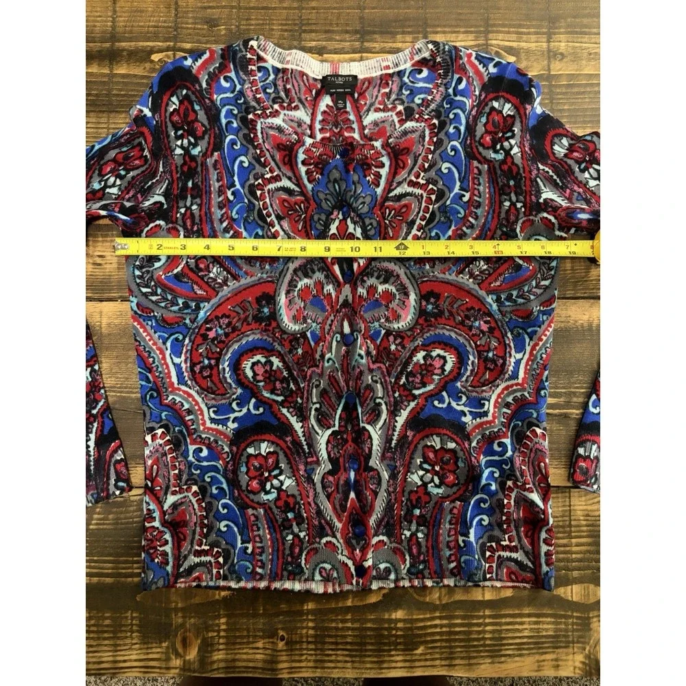 Talbots Petite Merino Wool Paisley Cardigan Sweater MP Boho Colorful
